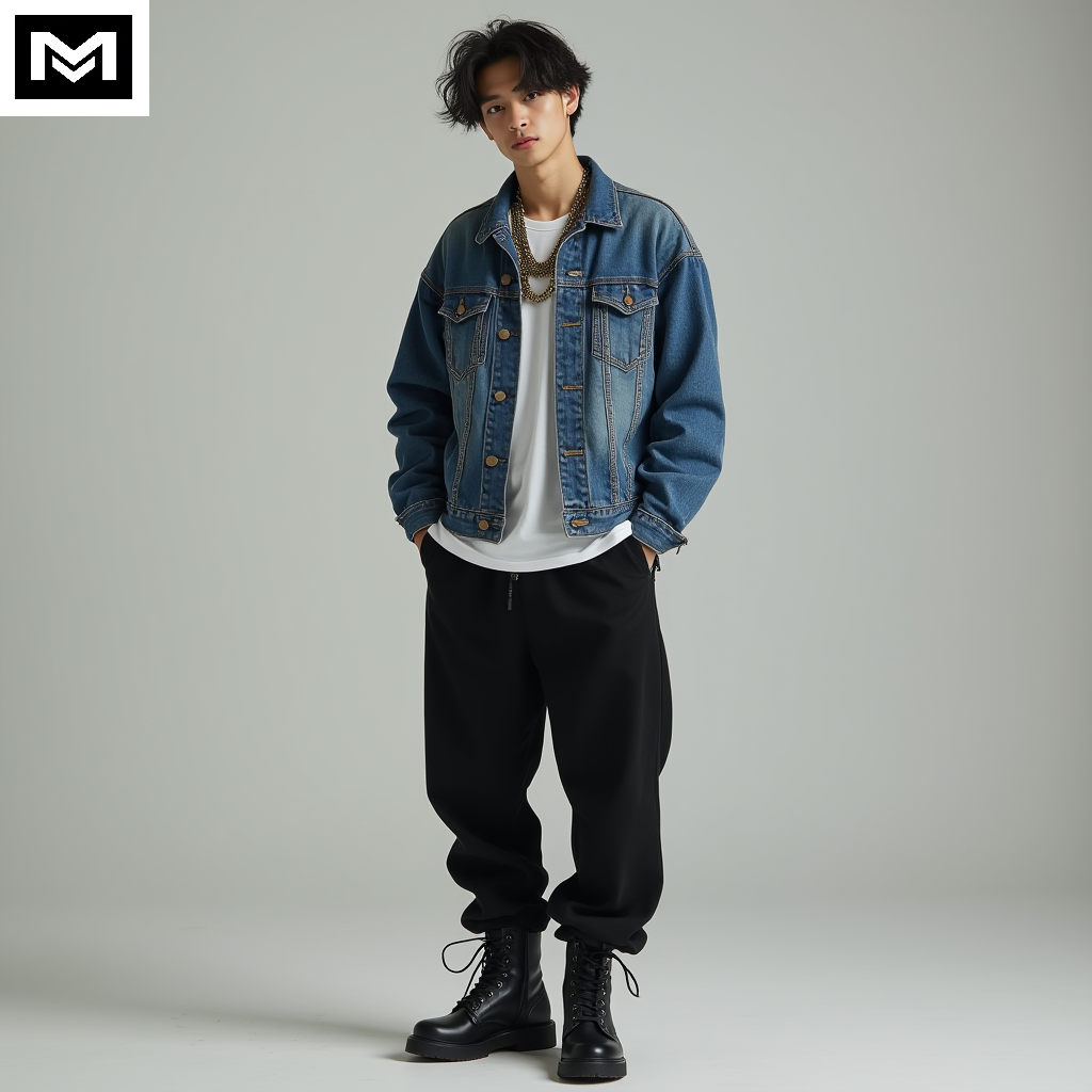 Ulzzang outfit with denim jacket, black joggers, basic tee, combat boots, and a chain necklace for a bold streetwear-inspired look.