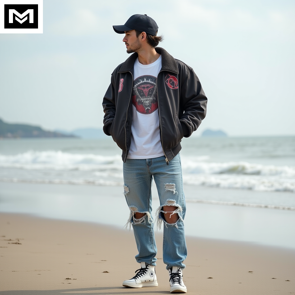 Ulzzang streetwear outfit with bomber jacket, graphic tee, distressed jeans, high-top sneakers, and a baseball cap for an edgy casual style.