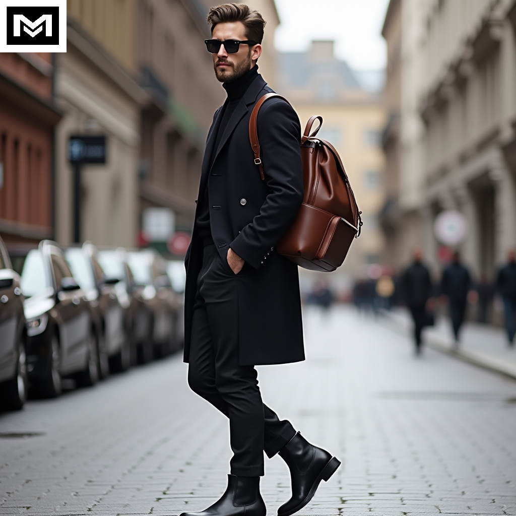 Ulzzang winter outfit with long coat, turtleneck sweater, slim-fit pants, Chelsea boots, and a leather backpack for a sleek, layered look.
