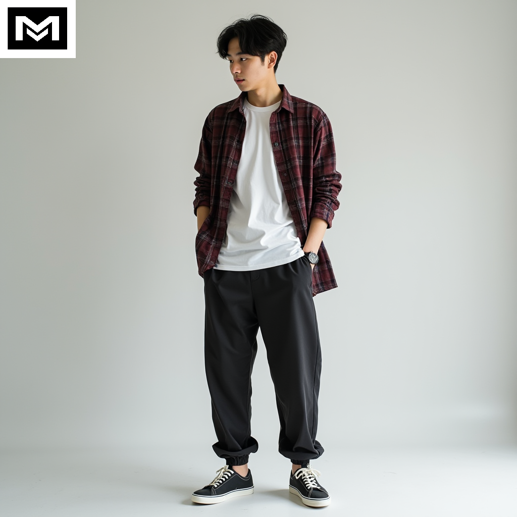Ulzzang look featuring plaid shirt over white t-shirt, relaxed-fit trousers, classic sneakers, and a minimal watch for a clean casual vibe.
