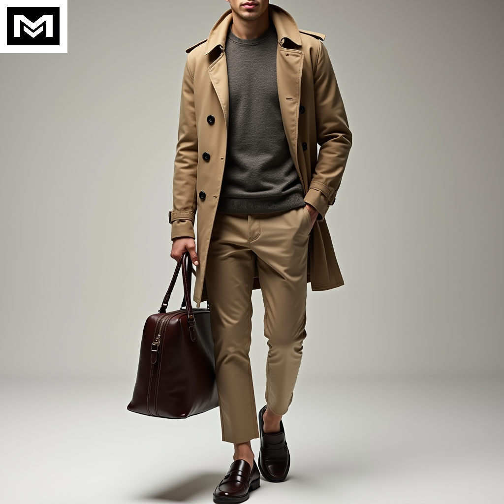 Ulzzang outfit featuring a trench coat, crew neck shirt, cropped chinos, loafers, and a satchel bag for a polished, preppy aesthetic.