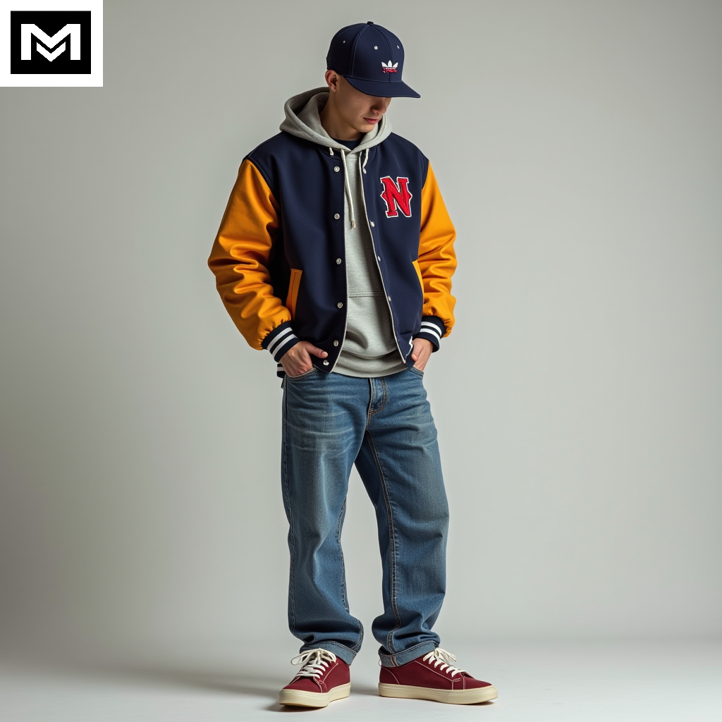 Ulzzang look with varsity jacket, hoodie, straight-leg jeans, retro sneakers, and snapback hat for a sporty, youthful street style.