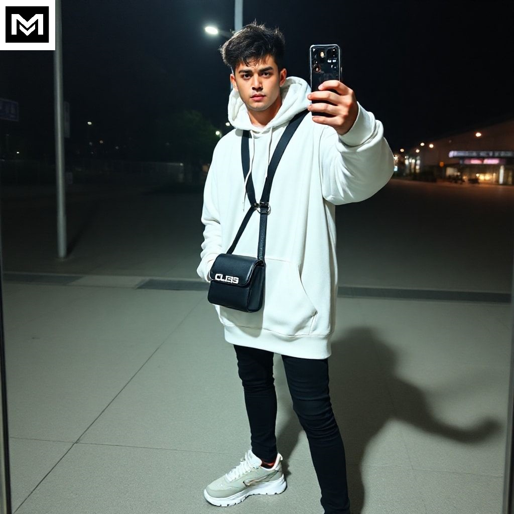 Ulzzang outfit with oversized hoodie, black skinny jeans, chunky sneakers, and crossbody bag for a casual Korean streetwear look.