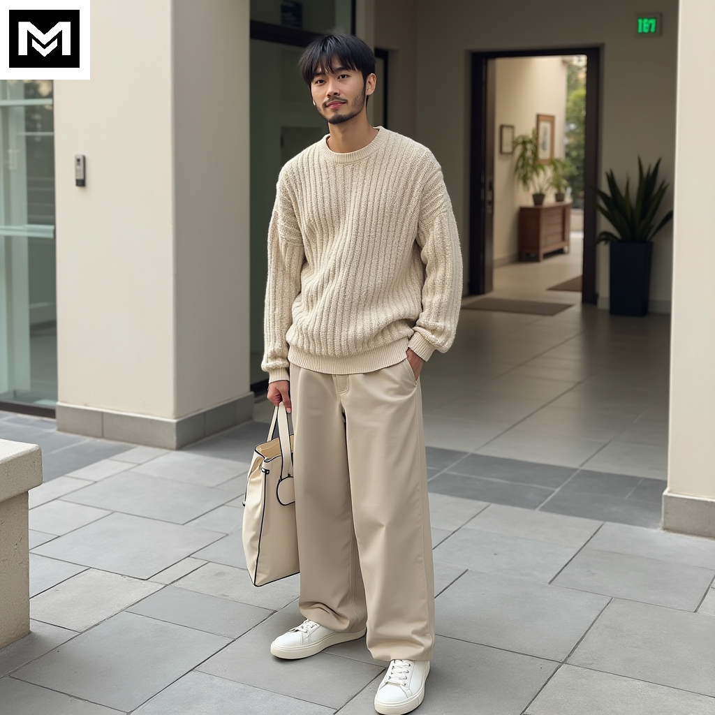 Ulzzang outfit with knitted sweater, wide-legged pants, white low-top sneakers, and a tote bag for a soft, minimalist aesthetic.