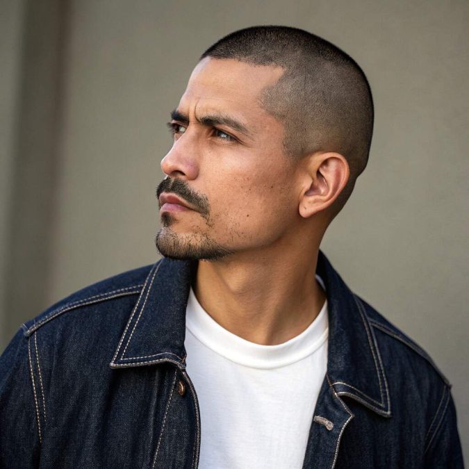 A Mexican man with a clean buzz cut, the short dark hair evenly cropped across his head
