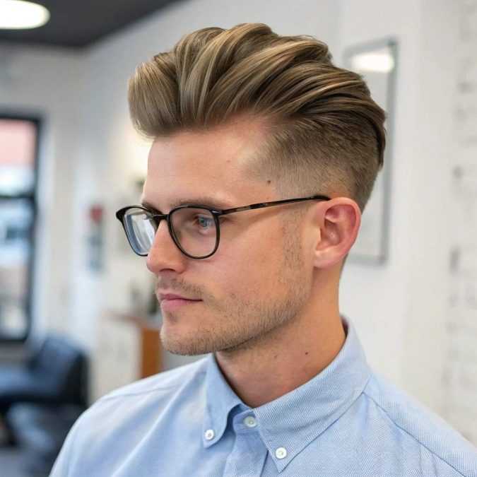 A man sporting a layered quiff haircut, paired with glasses