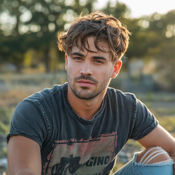 A man with a short messy, undone wavy hairstyle, slightly tousled for a casual appearance
