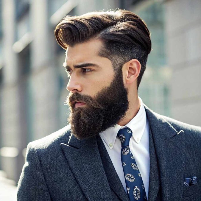 A man with a beard, complemented by a low fade haircut