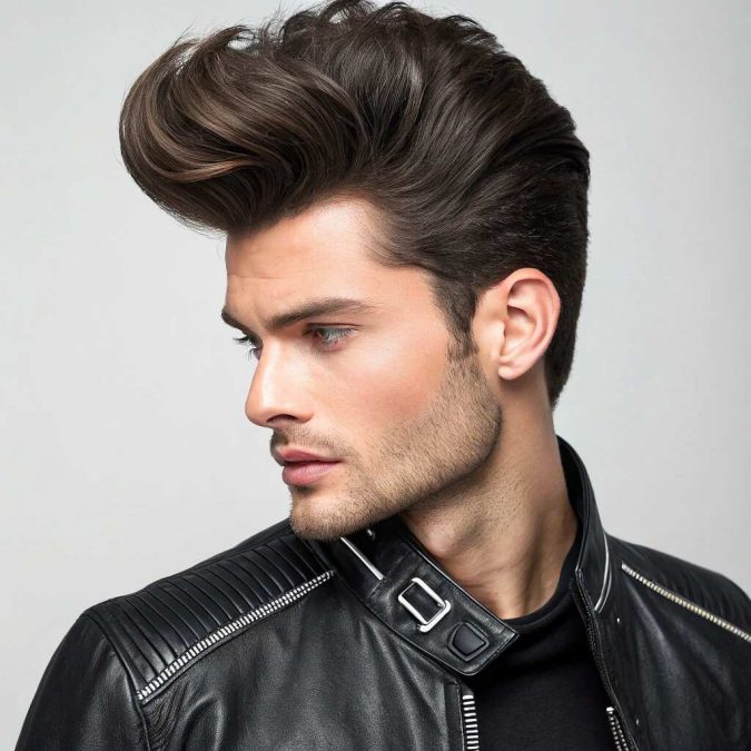 A man with voluminous, short pompadour, thick hair