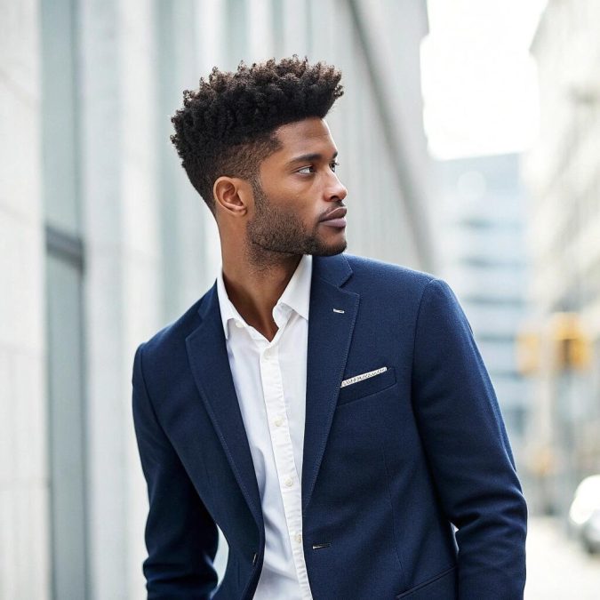 A sharply dressed man in his early 20s sporting a textured crop haircut