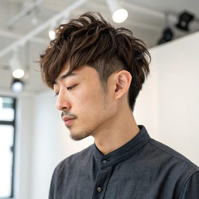 A young Japanese man with a textured, short fringe haircut