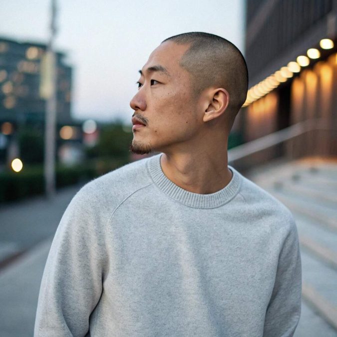 Asian man featuring a neatly cropped buzz cut