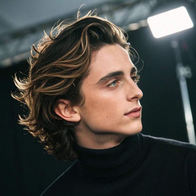 Timothée Chalamet, longer textured hair, styled back, showcasing layers