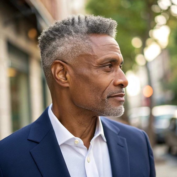 a man in his 50s with a neatly trimmed, short textured haircut