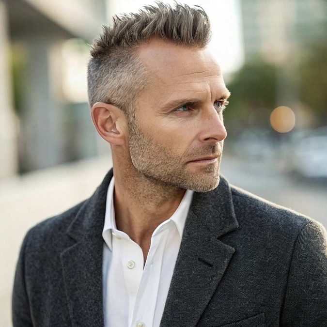 a man in his early 40s with a sharp, textured crop haircut