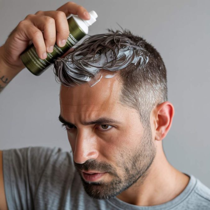 a man using fingers to spread the product in his hair-short hair essentials