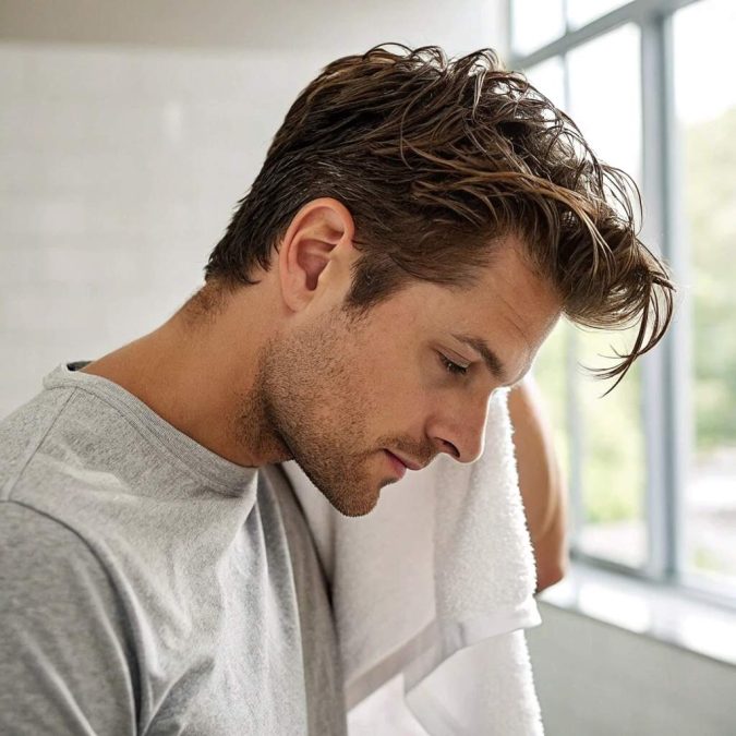 a man washing and gently towel drying his hair-short hair essentials