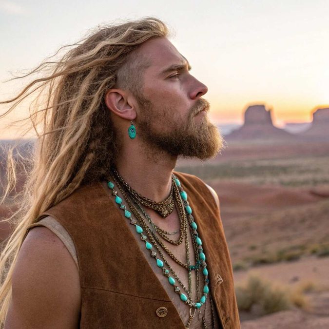 a man with long, thick, coarse blonde hair cascading down his shoulders