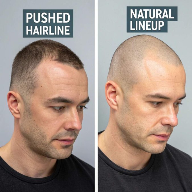 Pushed hairline compared to a natural edge on a buzz cut