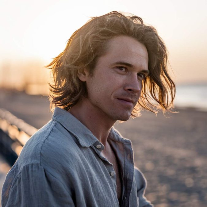Men’s surfer hair with loose waves and sea-salt texture at the beach boardwalk