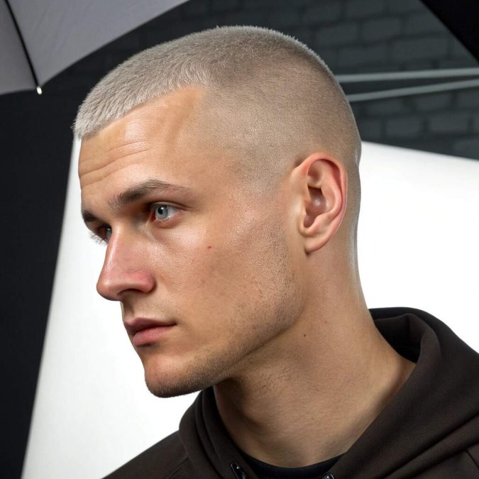 Half-guard buzz with a high skin fade and clean temples