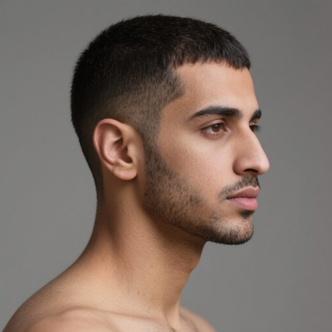 One-and-a-half guard buzz cut with soft low taper