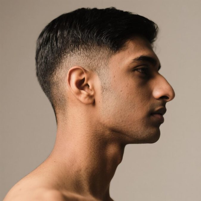 Number 1 buzz cut with a low taper on straight hair