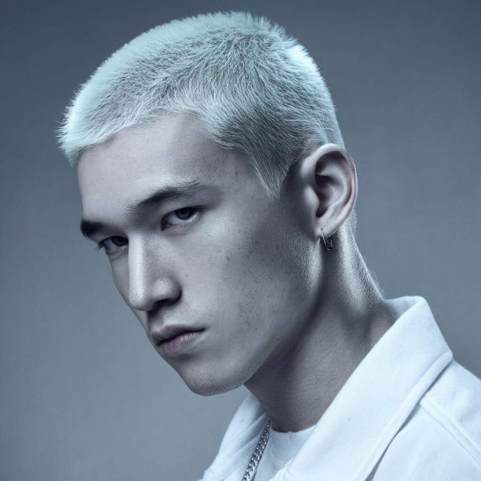 Platinum bleached #3 buzz cut with a drop fade