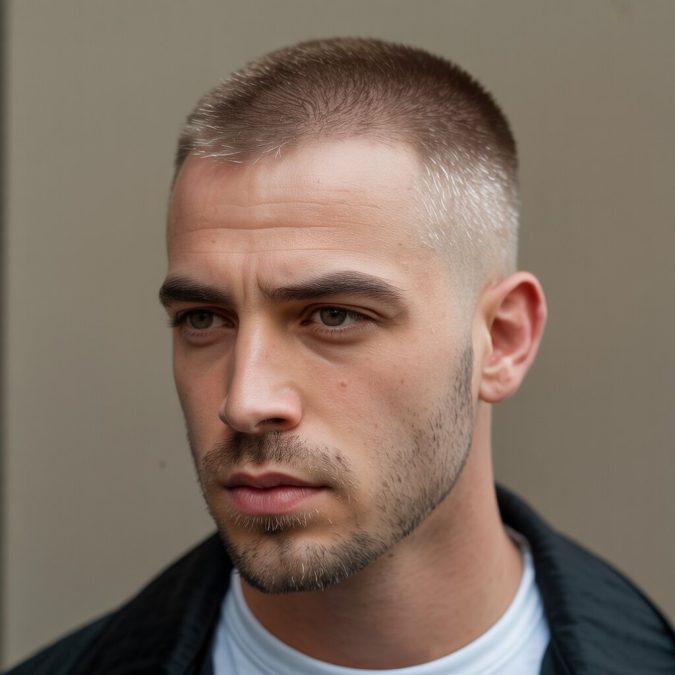 Number 3 buzz cut with low taper and tidy neckline