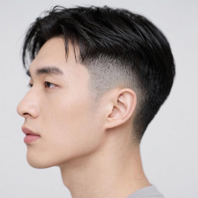 Number 4 buzz cut on thick straight hair with a low taper