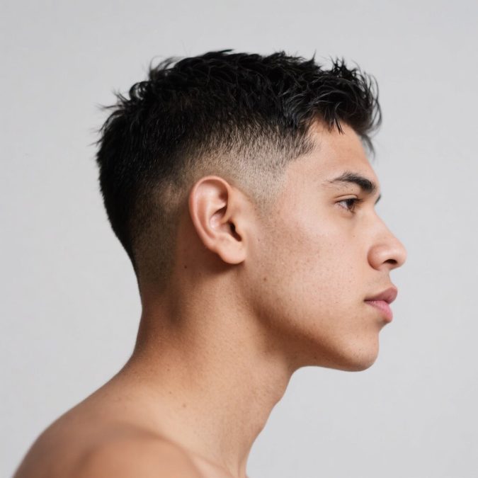 Buzz cut with a burst fade and textured top