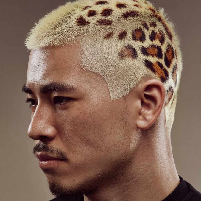 Leopard print dyed design on a short buzz cut