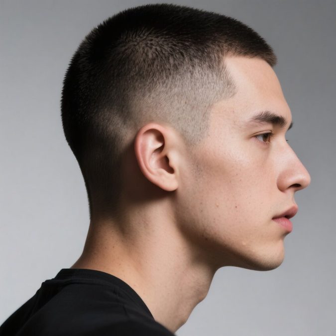 Mid skin fade buzz cut with #2 on top