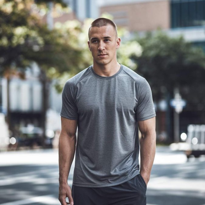 Summer outfit idea with a #2 buzz cut
