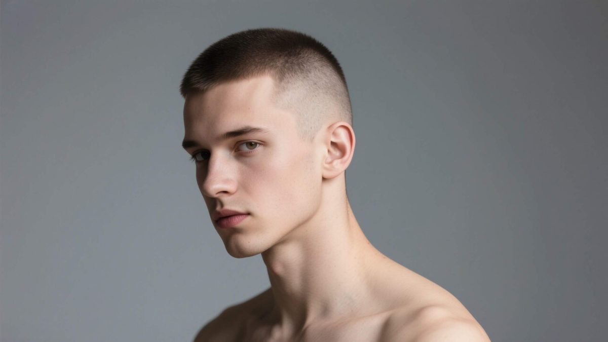 Man with #2 buzz cut and low taper in a clean studio portrait