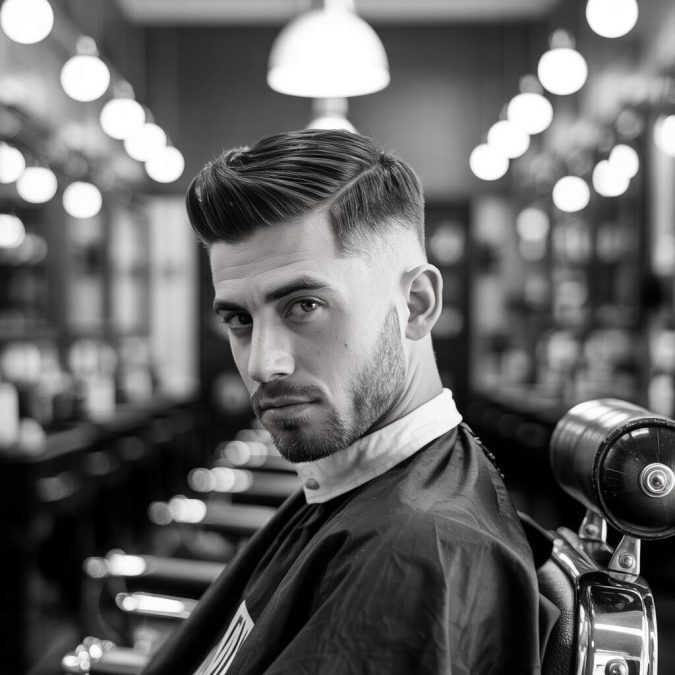 Man-with-a-razor-fade-haircut-in-black-and-white