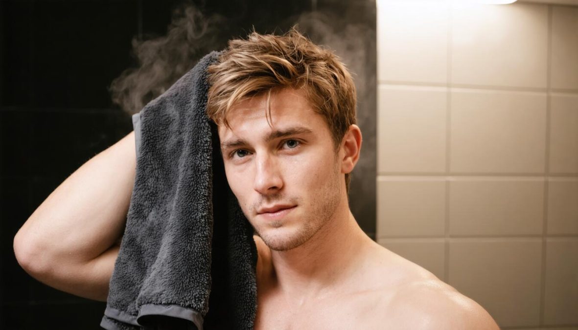 Man blot-drying hair with a microfiber towel as part of a daily men’s haircare routine