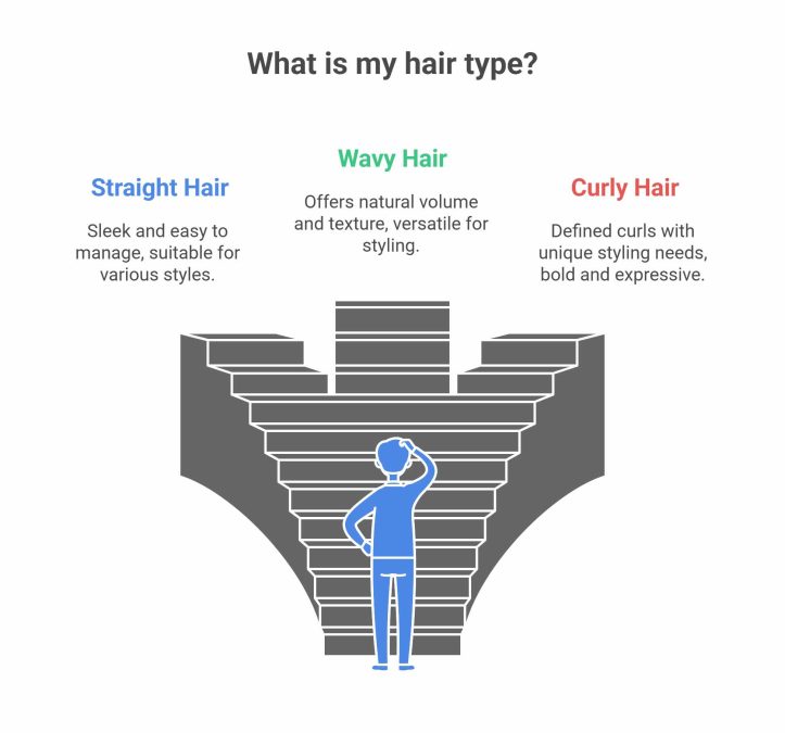 Understanding Every Hair Type and Needs: Hair type comparison for men showing straight, wavy, and curly hair with basic scalp care tips