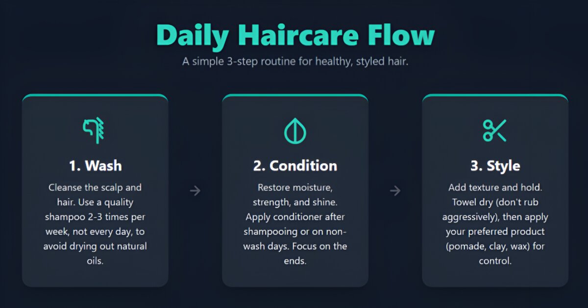 Men’s daily haircare routine infographic: identify type, wash 2–4x/week, condition, blot dry, heat protect