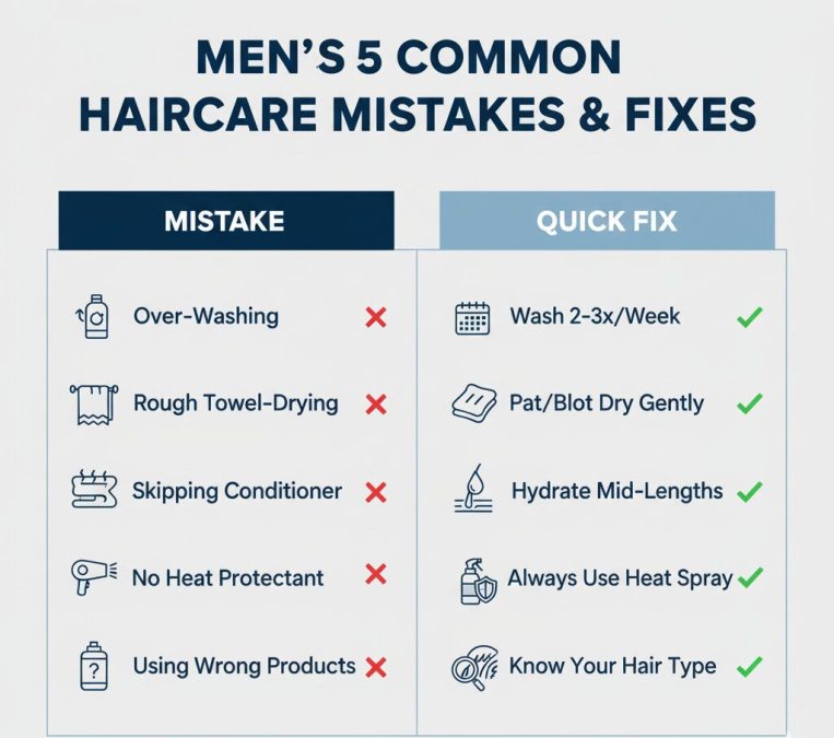 Common haircare mistakes men make and quick fixes—over-washing, rough towel-drying, no heat protectant