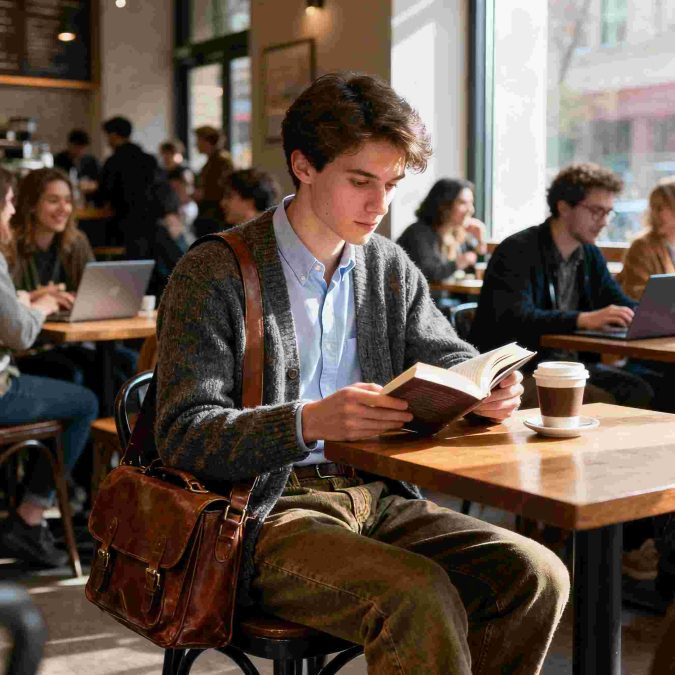 Student in a chunky grey cardigan, blue Oxford shirt, and corduroys reading over coffee in a bustling café with a weathered leather satchel.