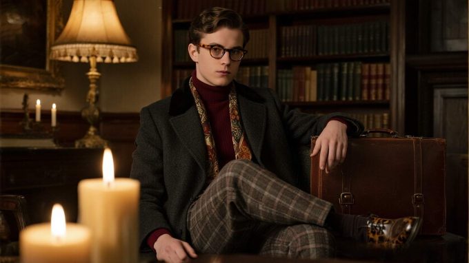 Dark academia flat lay with tweed blazer, turtleneck, pleated trousers, Oxfords, and leather satchel on walnut wood
