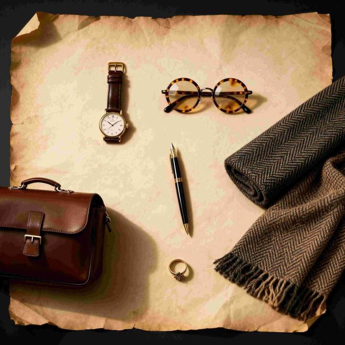 Dark academia accessories: leather satchel, classic watch, round glasses, wool scarf, fountain pen.