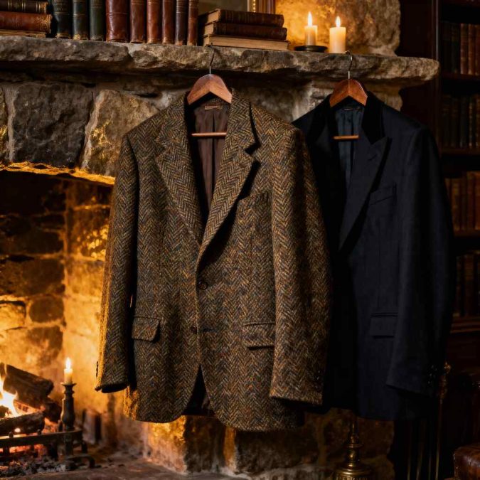 Two blazers hang before a flickering fireplace in a candlelit, book-filled study, evoking dark academia's scholarly mystique.