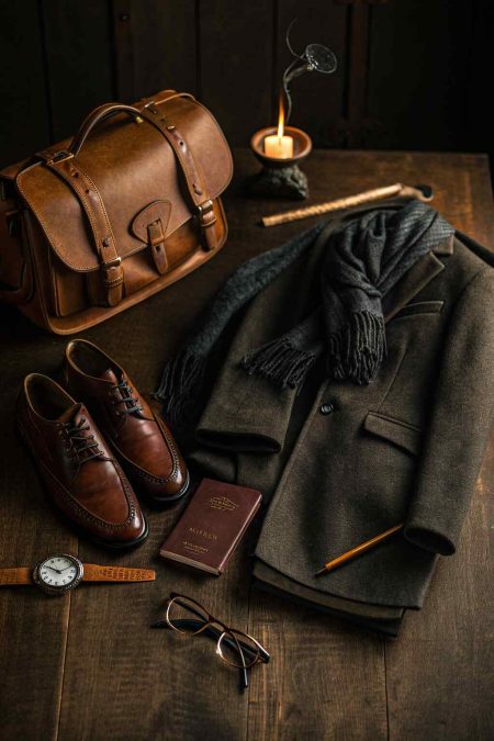 Dark academia essentials: a brown leather satchel, polished oxfords, and a wool coat with a scarf.
