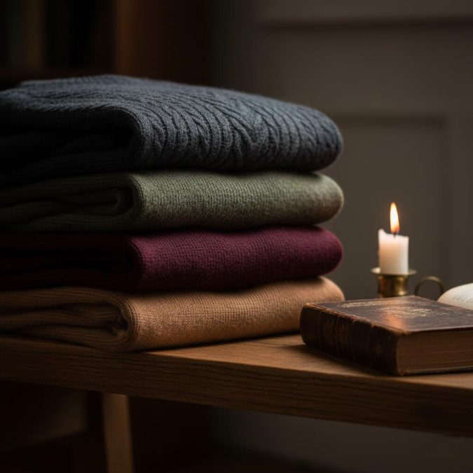 Soft-colored cable-knit sweaters sit beside a candle and old book, evoking dark academia's coziness.