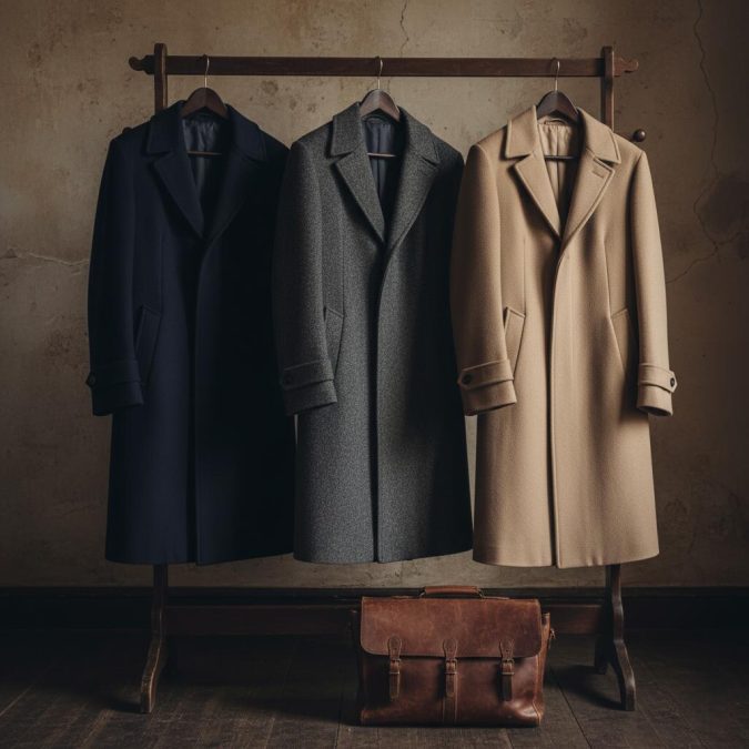 Three wool overcoats—navy, gray, and camel—are hanging on a rustic wooden rack with a leather briefcase below.