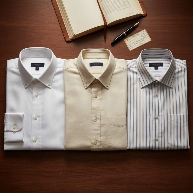 Three crisp dress shirts white, cream, and striped laid out on a wooden desk with an open book and pen, capturing dark academia's intellectual allure.