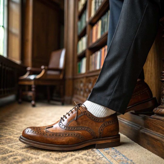 Brown leather brogues sit on dark trousers by a wooden bookshelf in a dim library.
