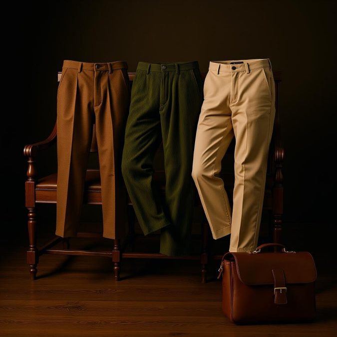 Three trousers in earthy tones hung over a wooden bench. A leather briefcase sat below in a dim room.